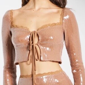 Sequin Lace Up Long Sleeve Crop Peasant Top Lace Trim Large Y2K Party Bling